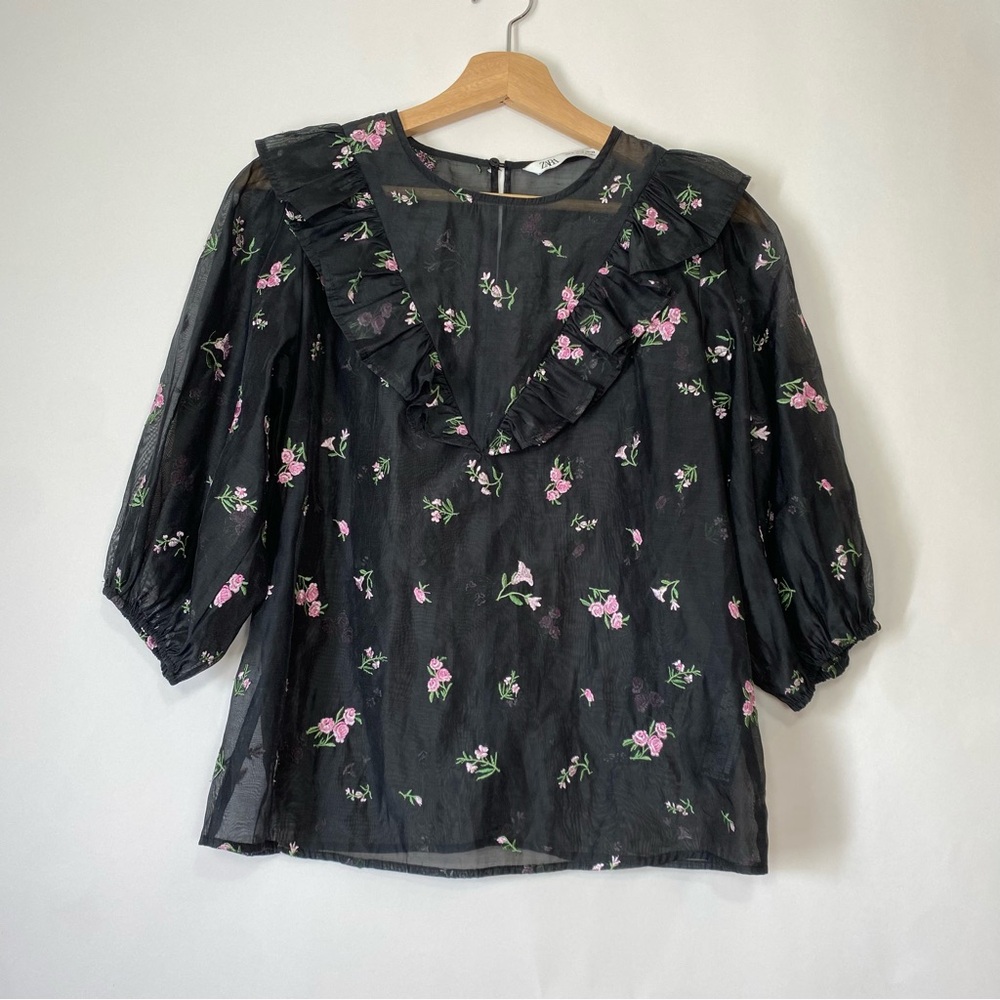 Zara The Alice Blouse Organza Floral Embroidered Ruffled Sheer Black Size M